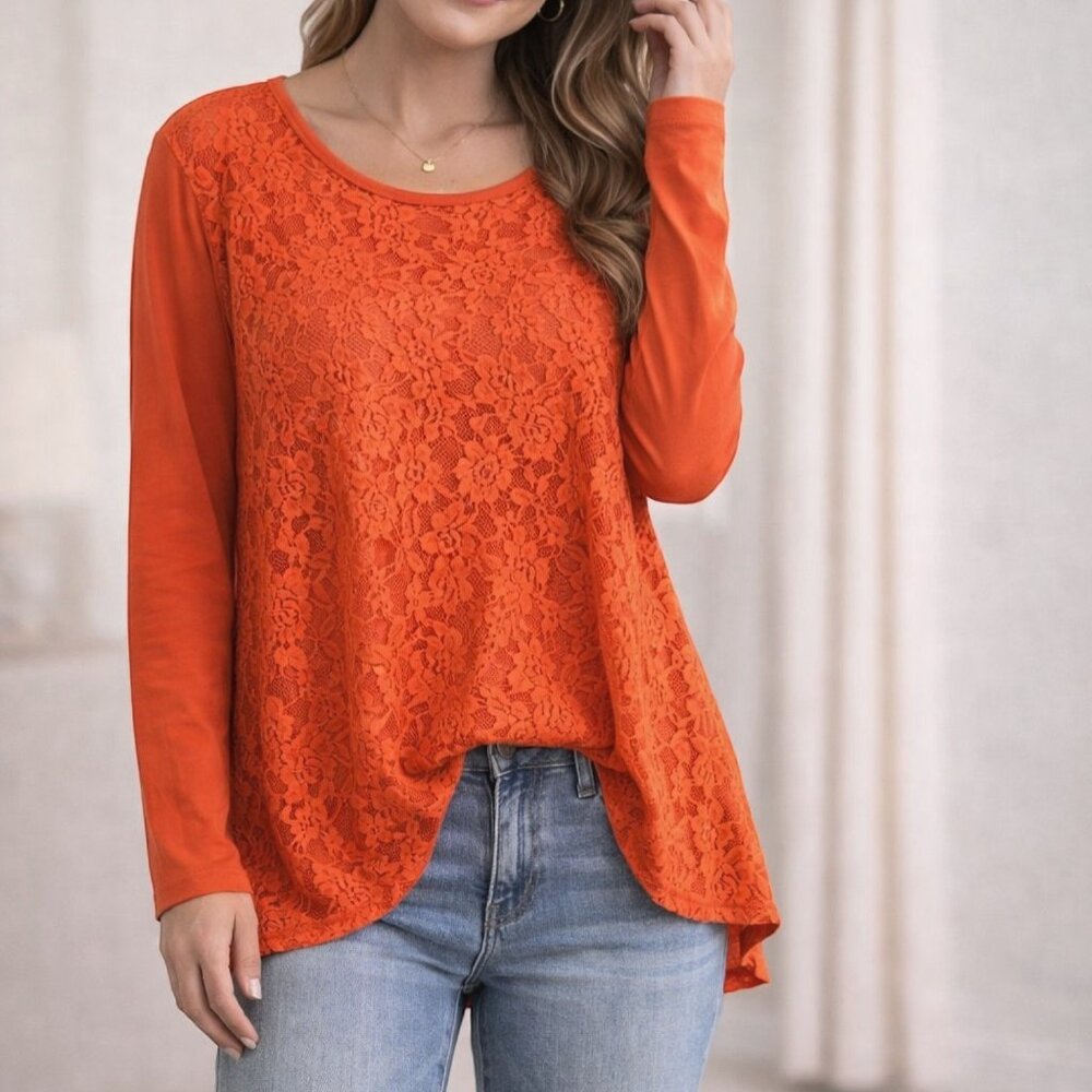 Women's Orange Lace Boutique Style Tunic Top Flowy Long Sleeve Blouse - XL - Picture 2 of 4